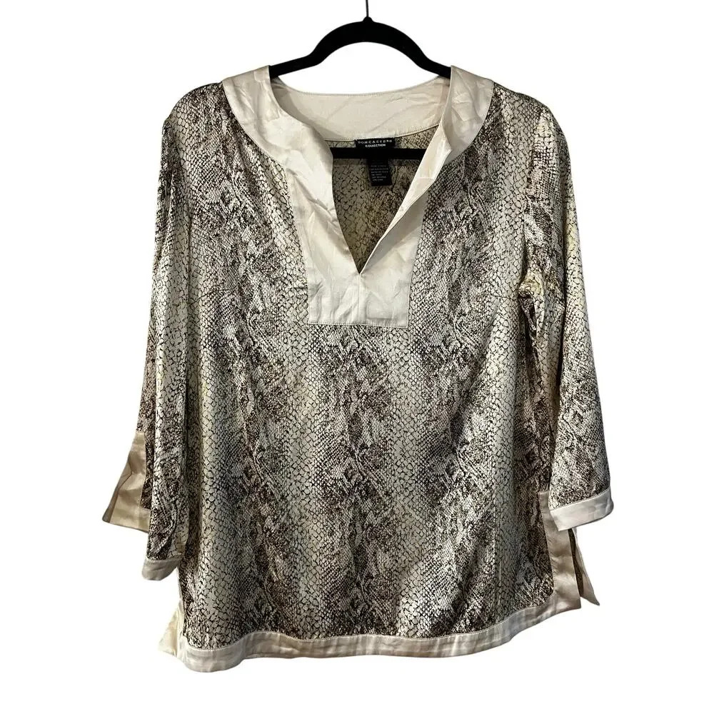 Doncaster Women’s 95% Silk Top Blouse Python Print Size 8 Cream 3/4 Sleeves
